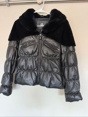 lack Faux-Leather Puffer Jacket with Fur Trim